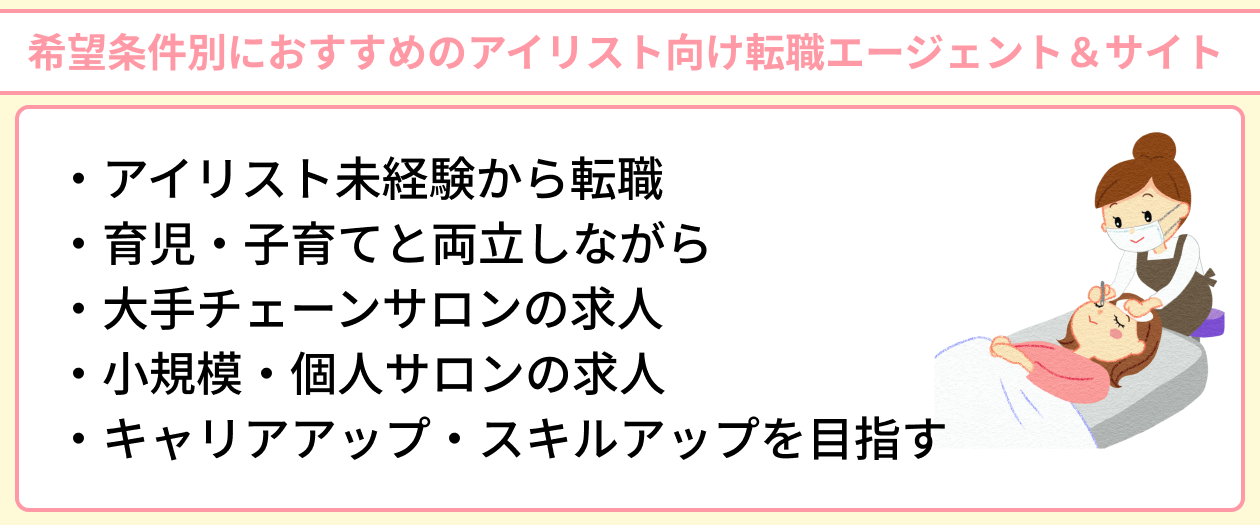 希望条件別におすすめのアイリスト向け転職エージェント＆サイトのイラスト